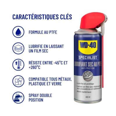 Lubrifiant sec au PTFE Specialist® Multi matériaux anti friction protège (400ml) - WD40