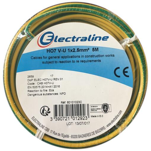 Bobine conducteur rigide cuivre H07 V-U 1x2,5mm² 5 mètres (Vert/Jaune) - Electraline