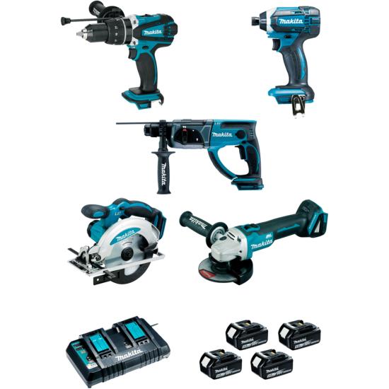 Lot 5 machines 18V 5Ah pour travaux intensifs (DHP458 DGA504 DTD152 DHR202 DSS610) - Makita