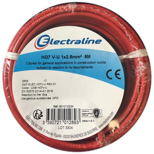 Bobine conducteur rigide cuivre H07 V-U 1x2,5mm² 5 mètres (Rouge) - Electraline