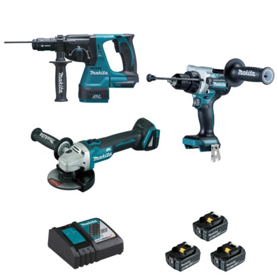 Lot 3 machines 18V 5Ah avec batteries DDF486 DGA506 DHR243 (DLX3157TJ) - Makita