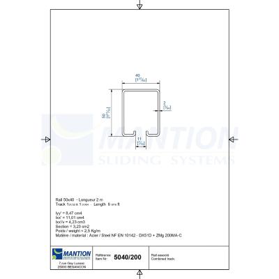 Rail 2m pour kit 5040GVU-4 porte coulissante 150kg max (5040/200 SPORTUB®) - Mantion
