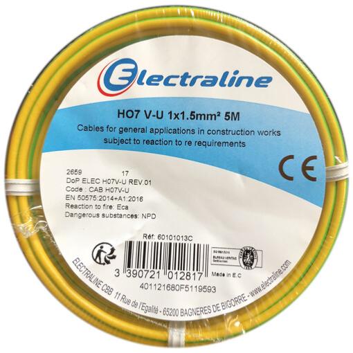 Bobine conducteur rigide cuivre H07 V-U 1x1,5mm² 5 mètres (Vert/Jaune) - Electraline